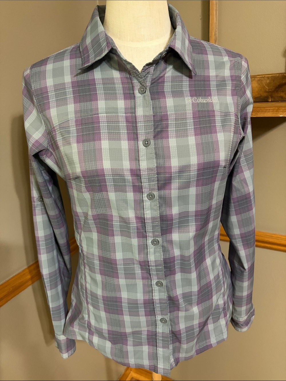 Columbia Purple and Gray Plaid Button-Up Shirt